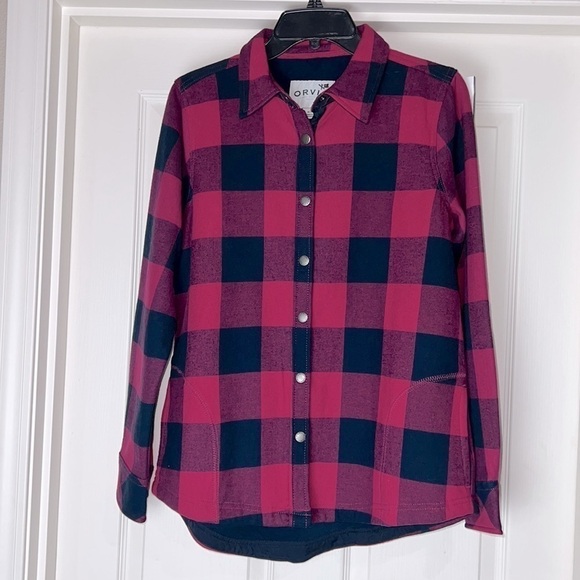 Orvis Buffalo Plaid Pink & Navy Blue Fleece Lined Shirt Jacket Shacket -Size Med - Picture 6 of 16